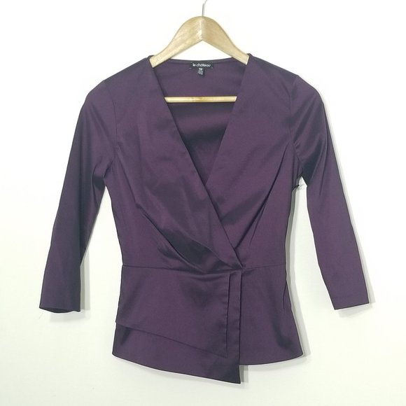le chateau Tops - Le Chateau Classic Faux Wrap Satiny Blouse Eggplant Purple Business Casual XXS